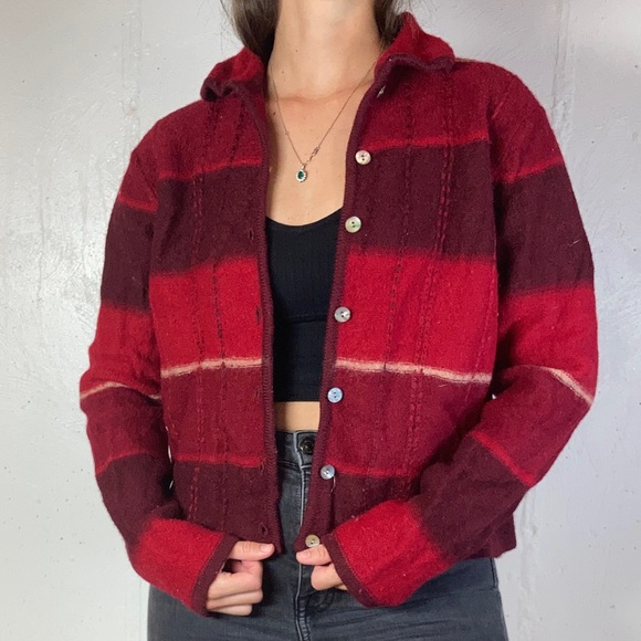 Red 100% Wool Vintage Button Down Jacket - Picture 2 of 10